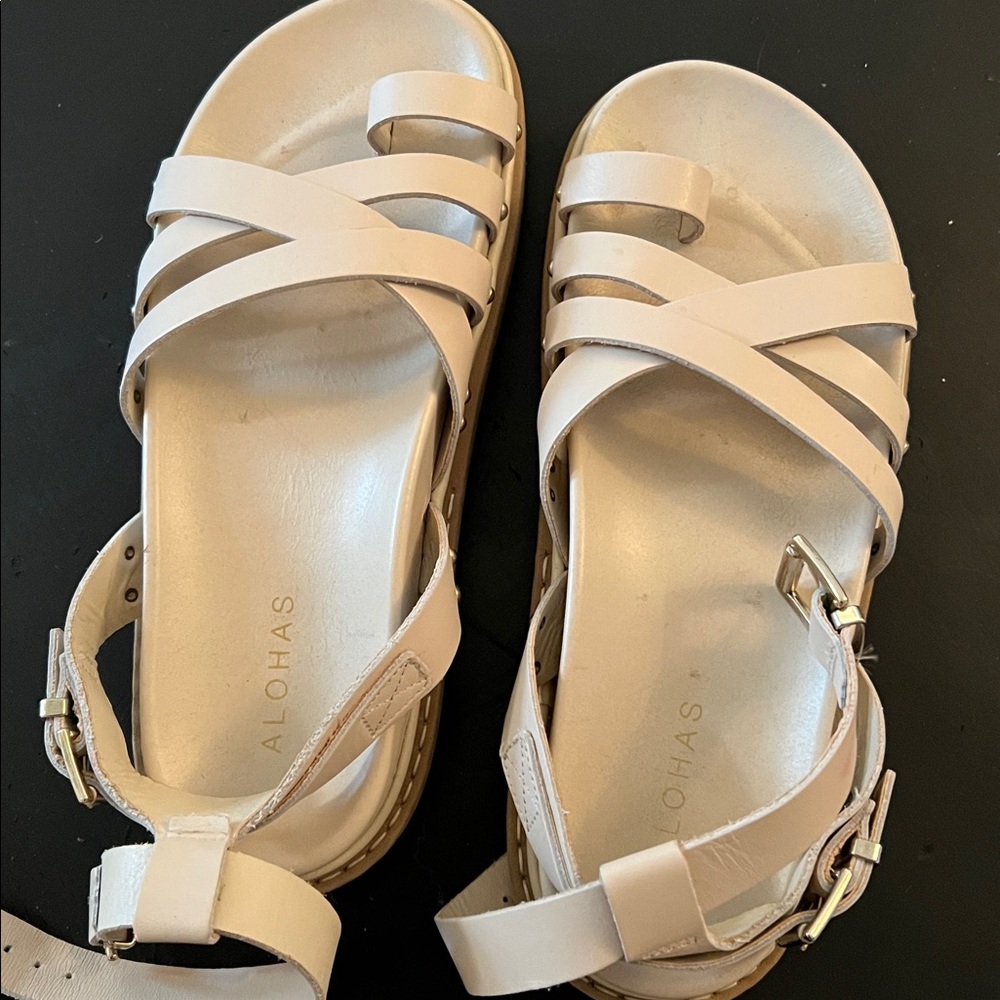 Gently worn Aloha's The Buckle Up Leather Sandal Ivory